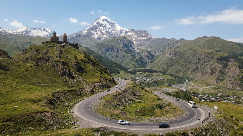 Winding mountain road below Gergeti Trinity Church with snow-capped Mount Kazbek behind